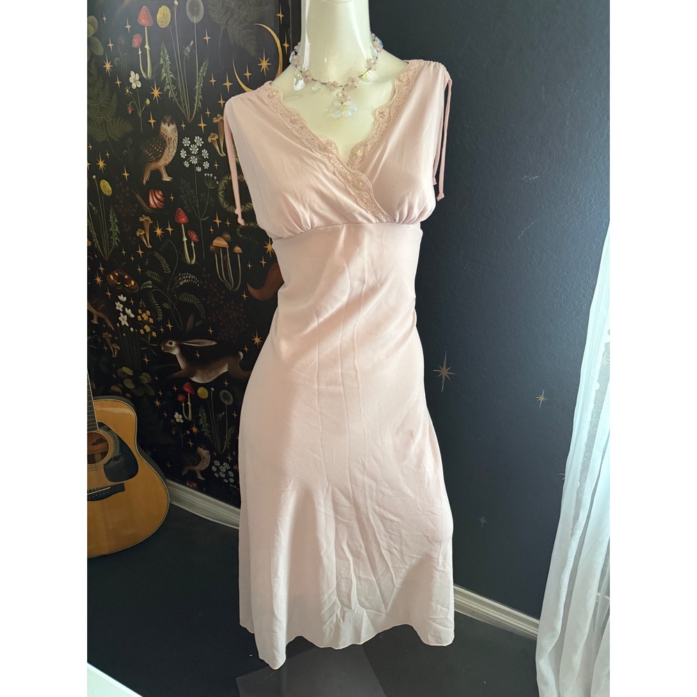 Gemini Pink Lace Trim Sequin V-Neck Midi Dress Made in USA Coquette Y2K